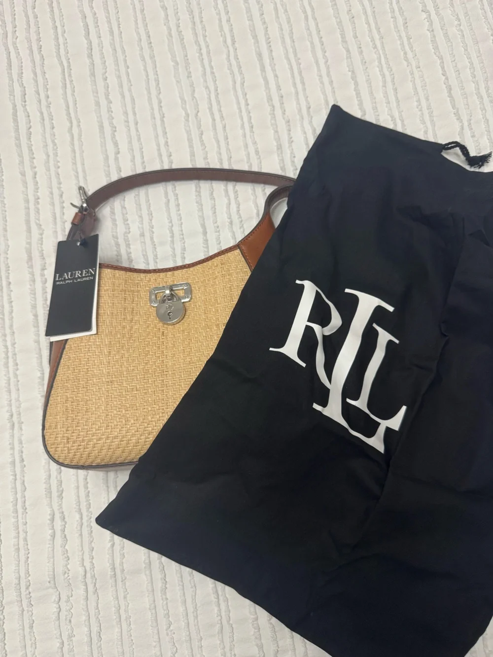 Lauren Ralph Lauren Natural Woven Shoulder Bag with Brown Trim